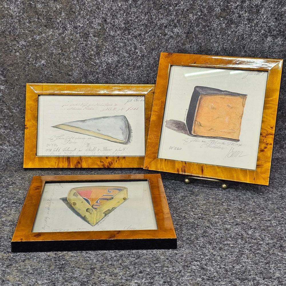 Kolene Spicher Folk Art Cheese Prints, Burlwood Frames, Lot of 3